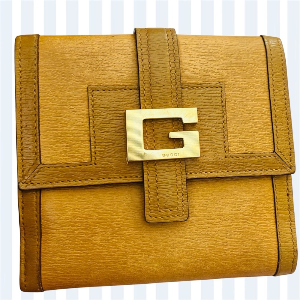 GUCCI GOLD G BUCKLE LEATHER BEIGE CANVAS WALLET BIFOLD Vintage - Picture 14 of 14